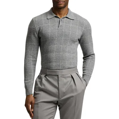 Ralph Lauren Purple Label Windowpane Plaid Cashmere Polo Sweater In Gray