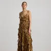 Ralph Lauren Python-print Ruffle-trim Georgette Gown In Tan Multi In Tan Multi