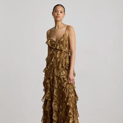 Ralph Lauren Python-print Ruffle-trim Georgette Gown In Tan Multi