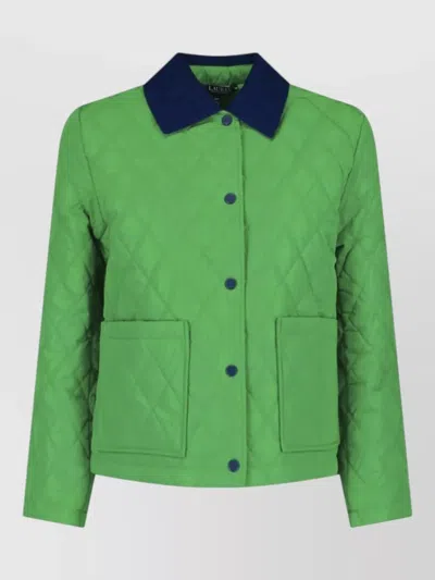 Ralph Lauren Quilted Coat Contrast Collar Front Pockets In Green