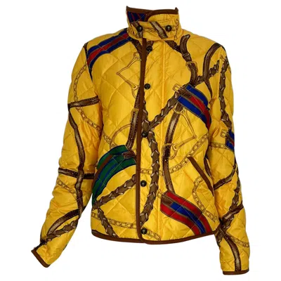Pre-owned Ralph Lauren Quilted Down Leather Trimmed Equestrienne Theme Jacket Medium In Orange