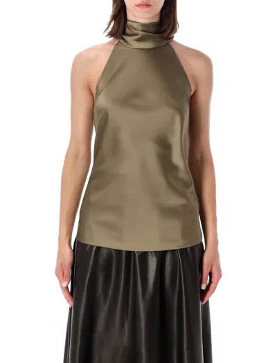 Ralph Lauren Refined Satin Halter Blouse With Draped High Neck And Long Scarf Detail In Cypress