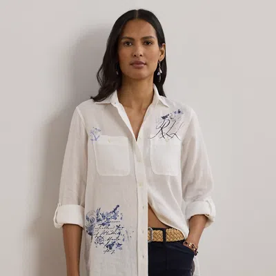 Ralph Lauren Relaxed Fit Print Roll-tab Sleeve Shirt In White
