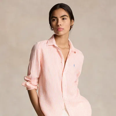 Ralph Lauren Relaxed Fit Striped Linen Shirt In Sunfade Orange/wihte