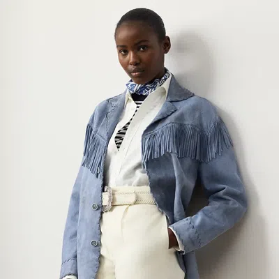 Ralph Lauren Rennie Fringe-trim Lamb-suede Jacket In Cornflower