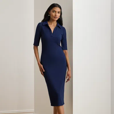 Ralph Lauren Rib-knit Elbow-sleeve Polo Dress In Blue