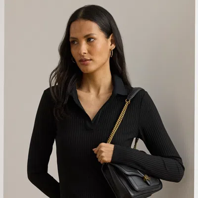 Ralph Lauren Rib-knit Long-sleeve Polo Top In Black