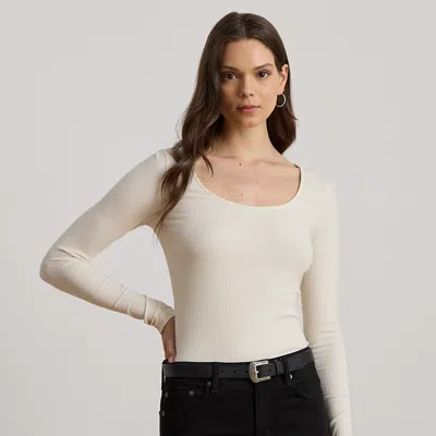 Ralph Lauren Rib-knit Long-sleeve Scoopneck Tee In Neutral