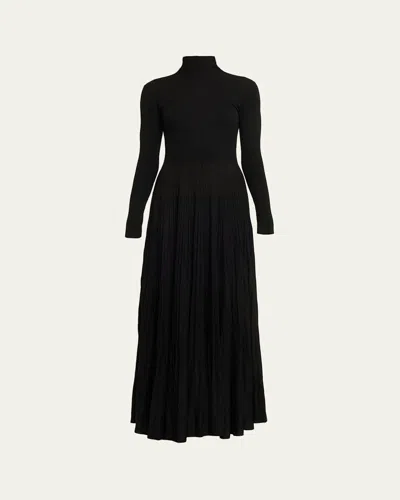 Ralph Lauren Rib-knit Pleated Turtleneck Gown In Black