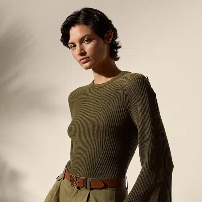 Polo Ralph Lauren Rib-knit Wool-silk Button-sleeve Sweater In Moss
