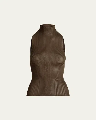 Ralph Lauren Ribbed High-neck Sleeveless Top In Brown