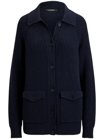Ralph Lauren Rib-knit Cardigan With Collared Neckline And Flap Pockets In Blue