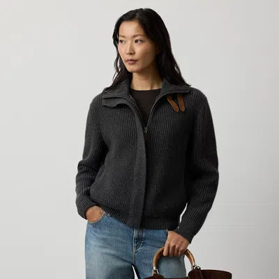 Ralph Lauren Rib-knit Cashmere Cardigan In Medium Grey Melange In Black