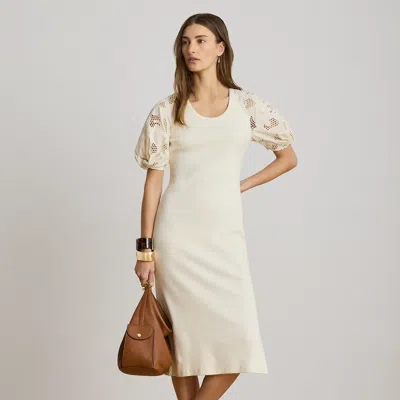 Ralph Lauren Rib-knit Cotton Eyelet-puff-sleeve Dress In Mascarpone Cream In White