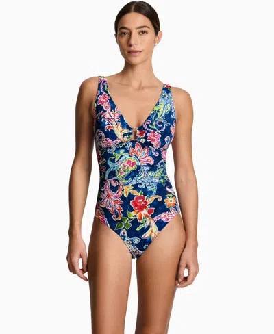 Ralph Lauren Ring Over The Shoulder Tummy Control One Piece Swimsuit In Multi