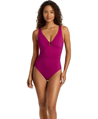 Ralph Lauren Ring Over The Shoulder Tummy Control One Piece Swimsuit In Purple