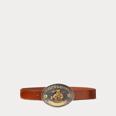 Ralph Lauren Rodeo-buckle Vachetta Leather Wide Belt In Rl Gold