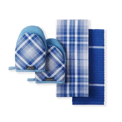 Ralph Lauren Roman Plaid Kitchen Towel And Mini Oven Mitt 4-pack Set In Blue,white