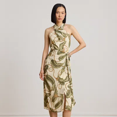 Ralph Lauren Rope-print Georgette Halter Midi Dress In Cream Multi In Green