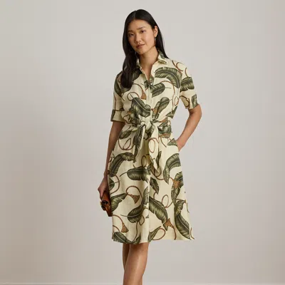 Ralph Lauren Rope-print Tie-front Linen Shirtdress In Cream Multi In Green