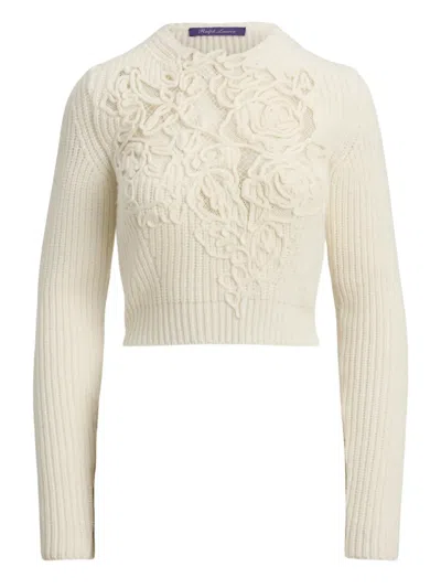Ralph Lauren Rose-embroidery Ribbed Sweater In Neutral
