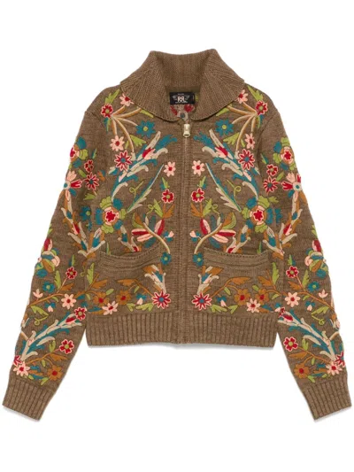 Rrl Floral-embroidered Cardigan In 褐色