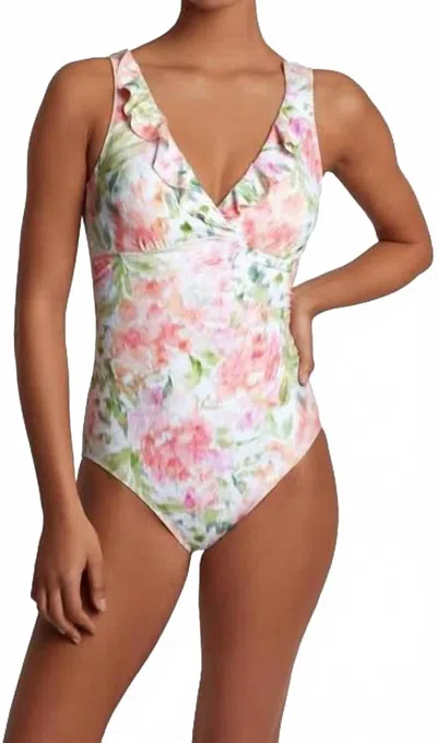 Ralph Lauren Ruffle Floral Print One Piece Swimsuit In Pink Floral In Multi