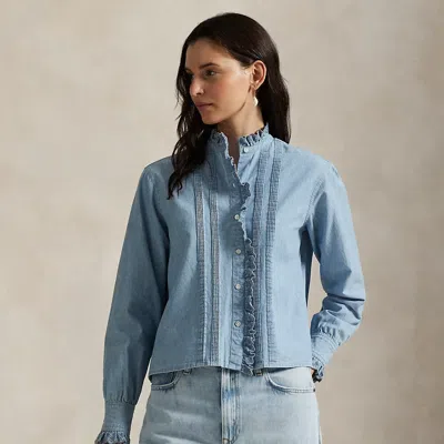 Ralph Lauren Ruffle-trim Chambray Top In Blue