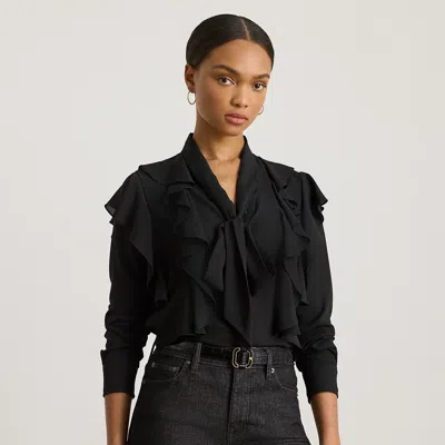 Ralph Lauren Ruffle-trim Georgette Tie-neck Blouse In Black