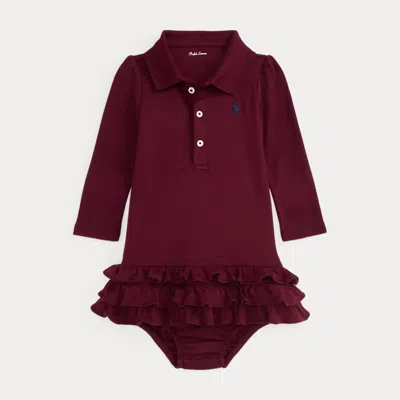 Ralph Lauren Babies'  Ruffled Soft Cotton Polo Dress & Bloomer In Burgundy