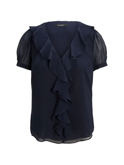 Ralph Lauren Ruffled V-neck Blouse In Blue
