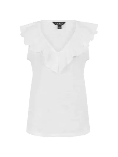 Ralph Lauren Ruffled V-neck T-shirt In White