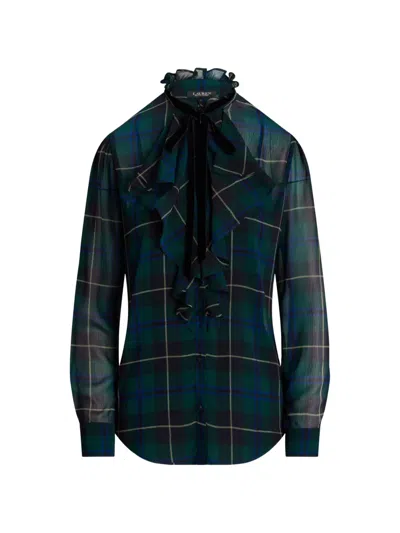 Ralph Lauren Ruffled-neck Plaid Shirt In Blue
