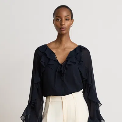 Ralph Lauren Ruffle-trim Crinkle Georgette Blouse In Lauren Navy