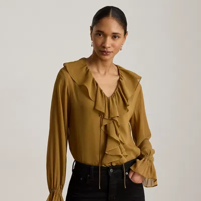 Ralph Lauren Ruffle-trim Crinkle Georgette Blouse In Tobacco Bronze