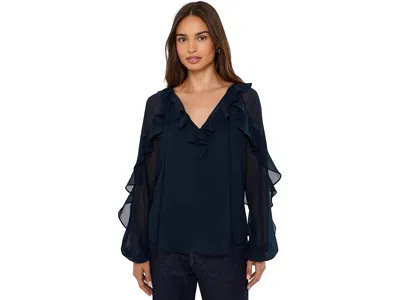 Ralph Lauren Ruffle-trim Crinkle Georgette Blouse Women's Clothing Lauren Navy: Lg, Polyester In Blue