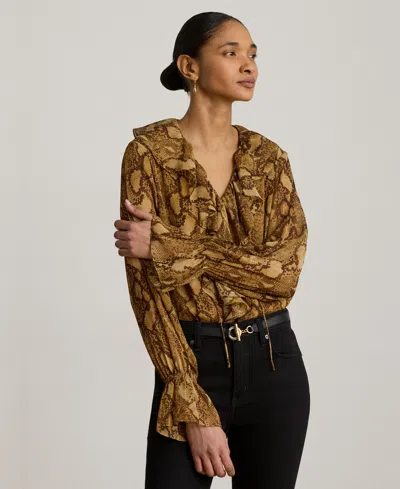 Ralph Lauren Ruffle-trim V-neck Blouse In Brown