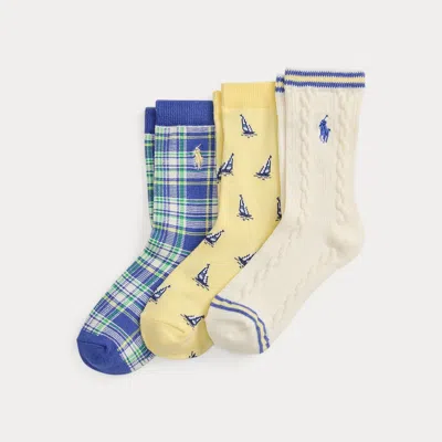 Ralph Lauren Kids' Sailboat Crew Sock 3-pack In Ivory/yellow/blue In Brown
