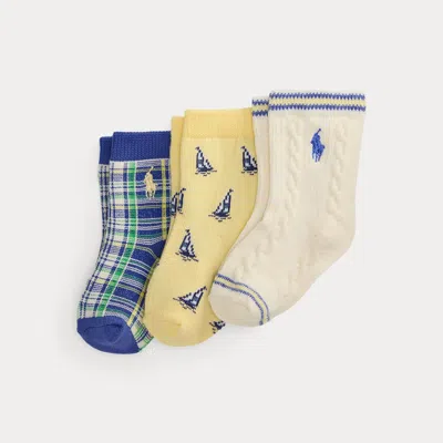 Ralph Lauren Babies' Sailboat Crew Sock 3-pack In Ivory/yellow/blue In Multi