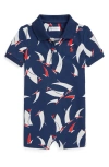 Ralph Lauren Sailboat Print Cotton Piqué Polo Romper In Deco Sails Print Navy