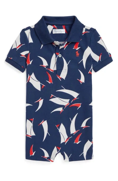 Ralph Lauren Babies'  Sailboat Print Cotton Piqué Polo Romper In Deco Sails Print Navy