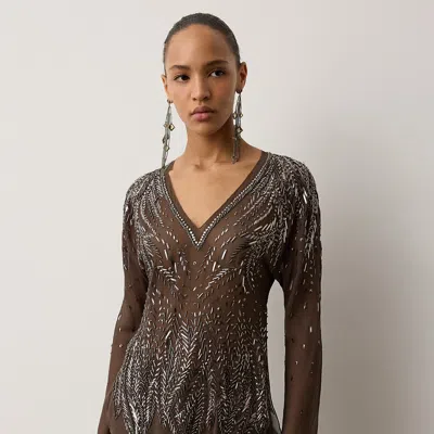 Ralph Lauren Sasha Embellished Silk Georgette Blouse In Chocolate In Brown