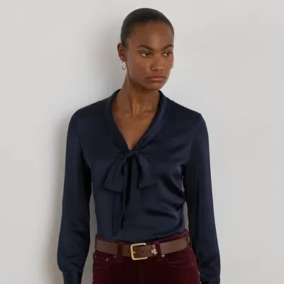 Ralph Lauren Satin Charmeuse Tie-neck Blouse In Blue