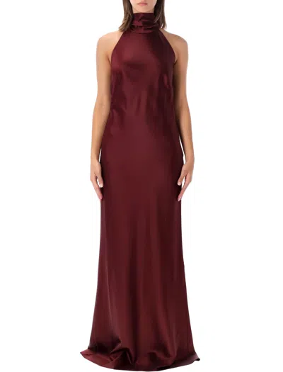 Ralph Lauren Satin Column Evening Dress With Self-tie Halter And Open Back In Red
