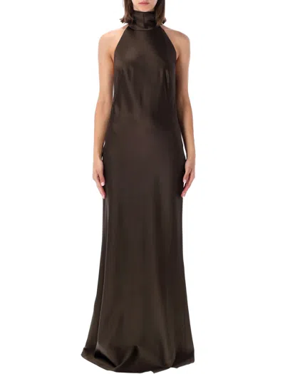 Ralph Lauren Satin Column Halter Evening Dress With Open Back And Grosgrain Tie Detail In Marrone