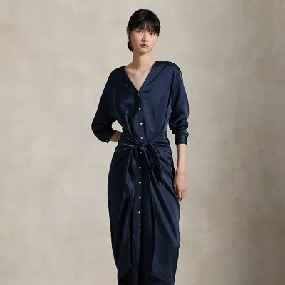 Ralph Lauren Satin Tie-front Wrap Shirtdress In Blue