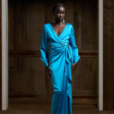 Polo Ralph Lauren Saundra Silk Satin Long Wrap Dress In Deep Topaz