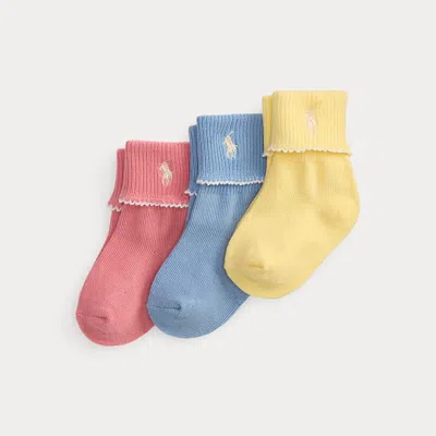 Ralph Lauren Babies' Scalloped Crew Sock 3-pack In Pink/blue/yellow In Multi