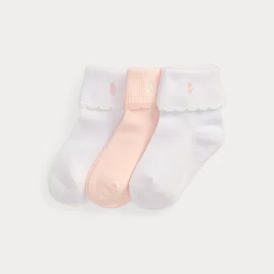 Ralph Lauren Kids' Scalloped-cuff Crew Sock 3-pack In White/pink