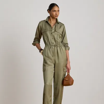 Ralph Lauren Shantung Cargo Jumpsuit In Light Agave